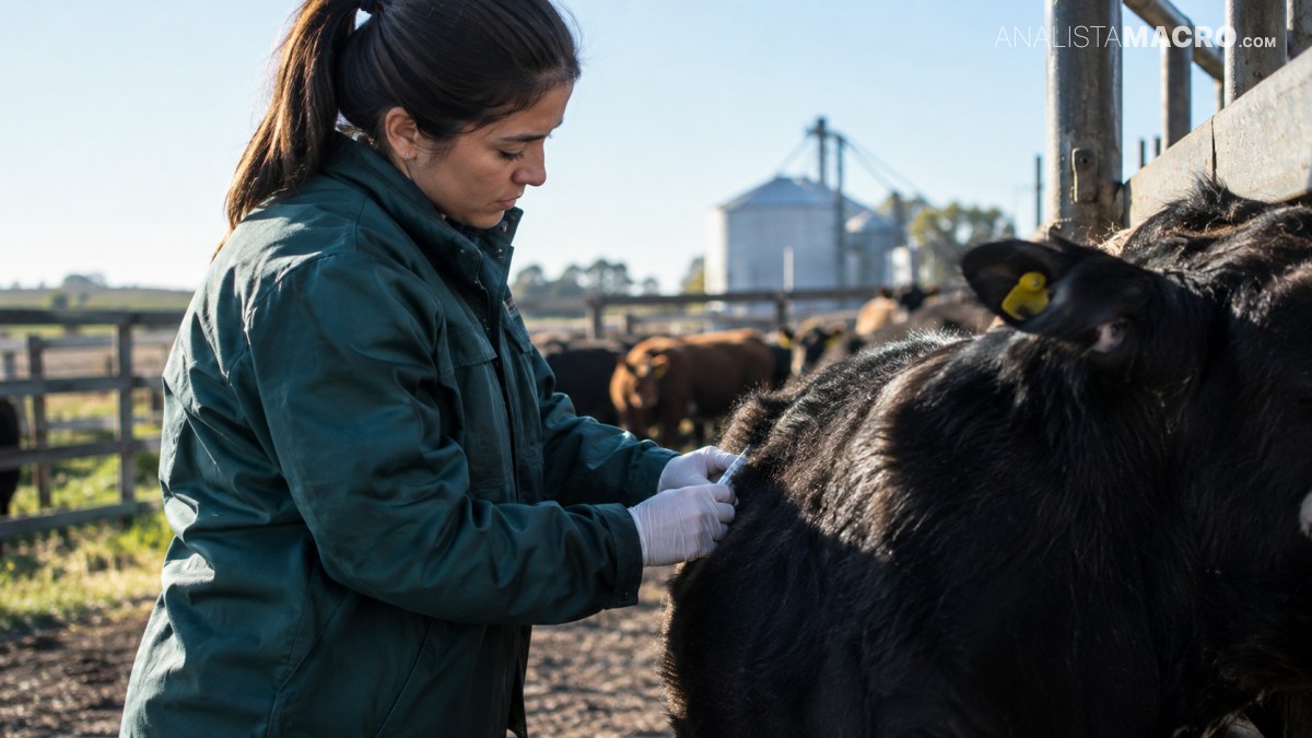 Una mujer con guantes examina el lomo de una vaca negra junto a una cerca, con estructuras agrícolas al fondo.