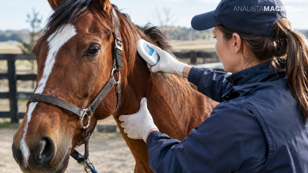 Una mujer con guantes sostiene un dispositivo junto a la cabeza de un caballo marrón en un corral.