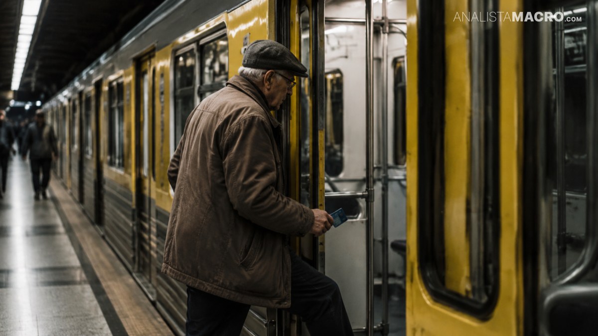 Hombre con gorra y chaqueta marrón sube a un vagón de metro amarillo mientras sostiene un objeto en la mano.