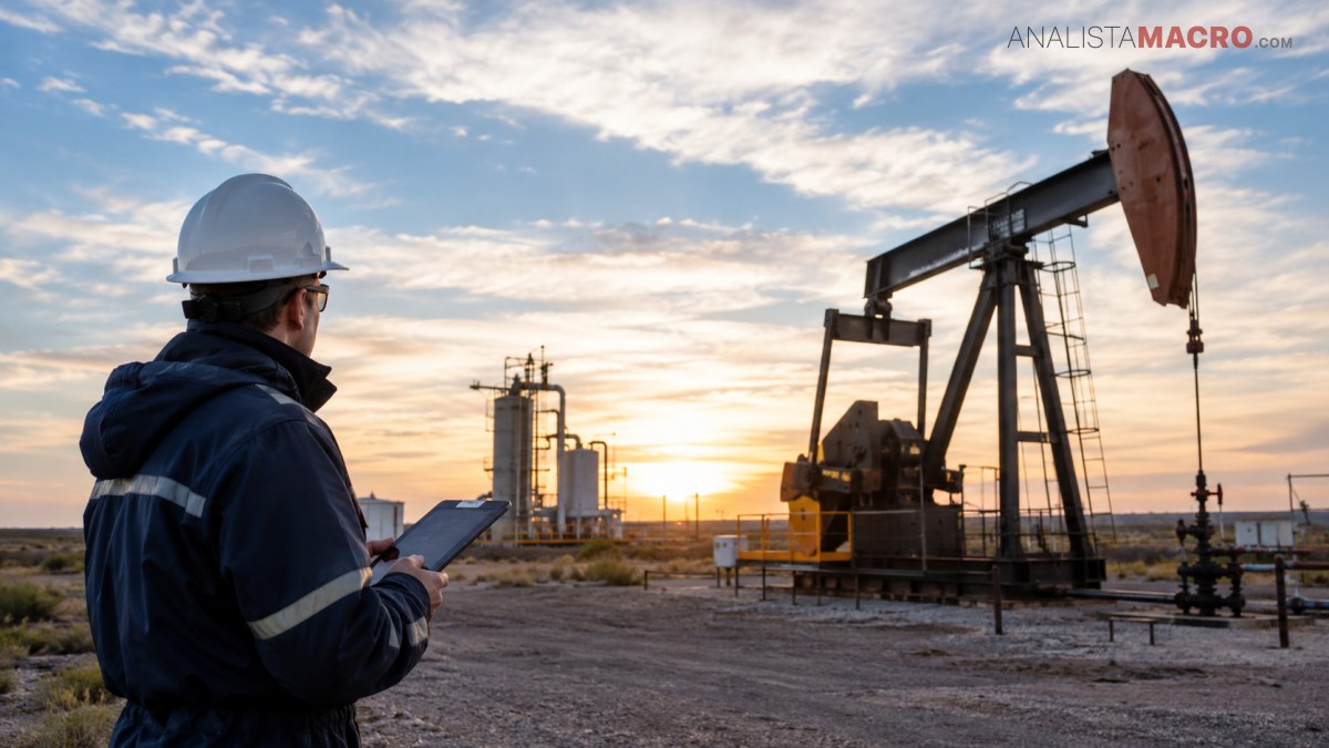 Un trabajador con casco observa una instalación petrolera con un gran balancín y tuberías al atardecer.