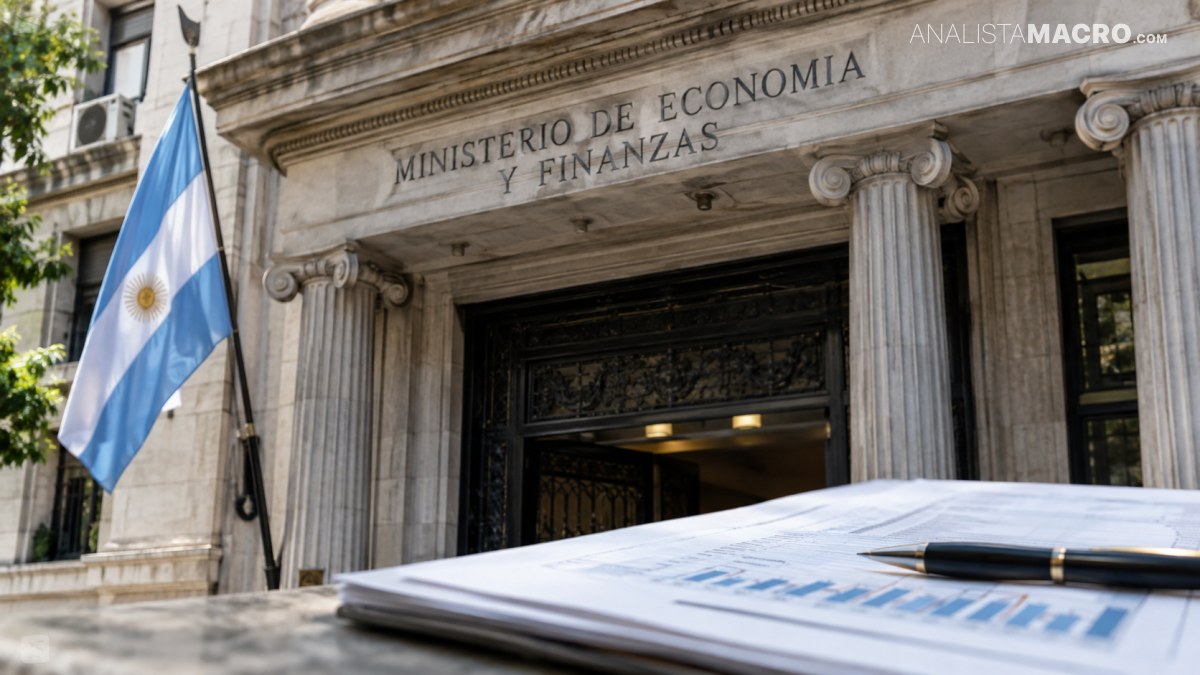 Edificio del Ministerio de Economía y Finanzas con una bandera argentina y documentos con gráficos sobre una mesa.