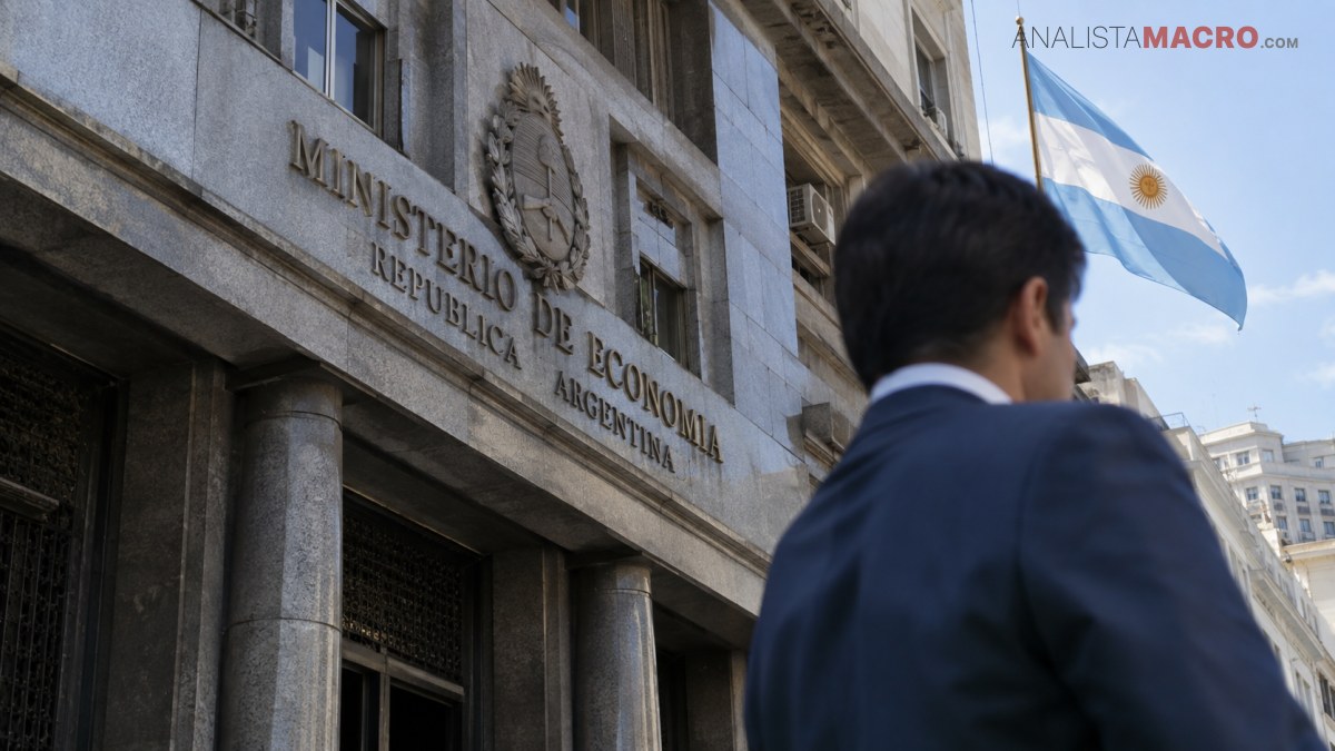 Persona de traje frente al Ministerio de Economía y Finanzas Públicas, con una bandera argentina ondeando detrás.