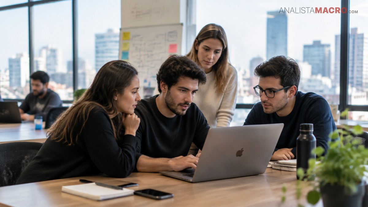Tres personas colaboran alrededor de una computadora portátil en una mesa, con otras personas y edificios visibles al fondo.