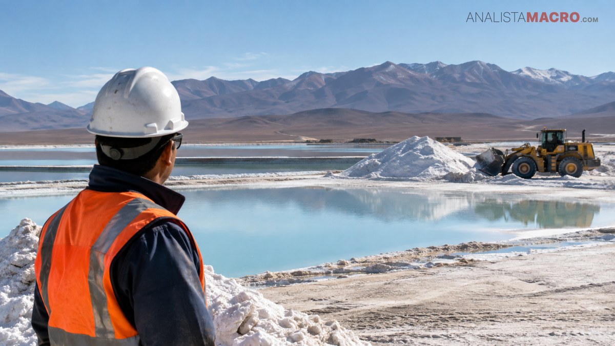 Trabajador con casco y chaleco reflectante observa una laguna, montañas y una máquina cargadora junto a montículos blancos.