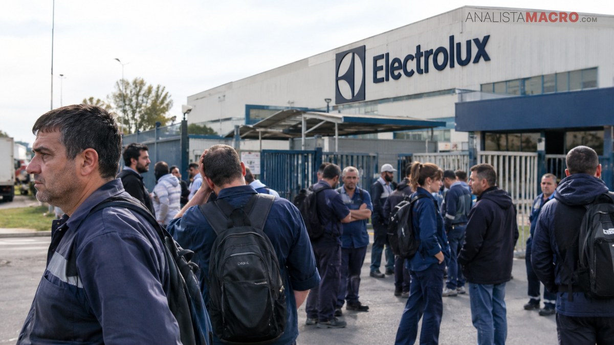 Personas con ropa de trabajo y mochilas se reúnen frente a un edificio de Electrolux.