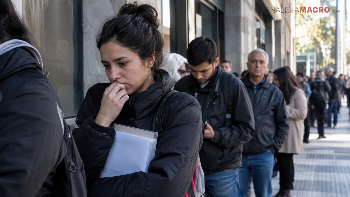 Mujer con cabello recogido sostiene documentos mientras espera en una fila junto a otras personas frente a un edificio.