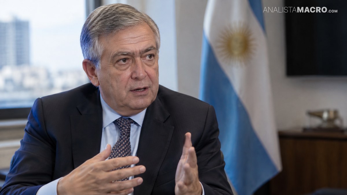 Hombre de cabello canoso, con traje y corbata, gesticula mientras habla frente a una bandera argentina.