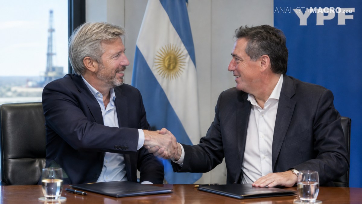 Dos hombres con trajes oscuros se estrechan la mano frente a una bandera argentina, sentados ante una mesa con documentos.