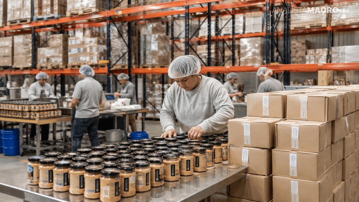 Trabajadores con cofias manipulan frascos en una mesa, rodeados de cajas apiladas y estanterías llenas de productos.
