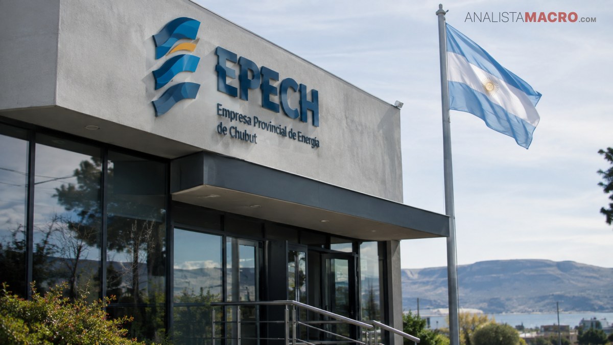 Edificio de EPECH con ventanales, logotipo en la fachada y una bandera argentina ondeando al frente.