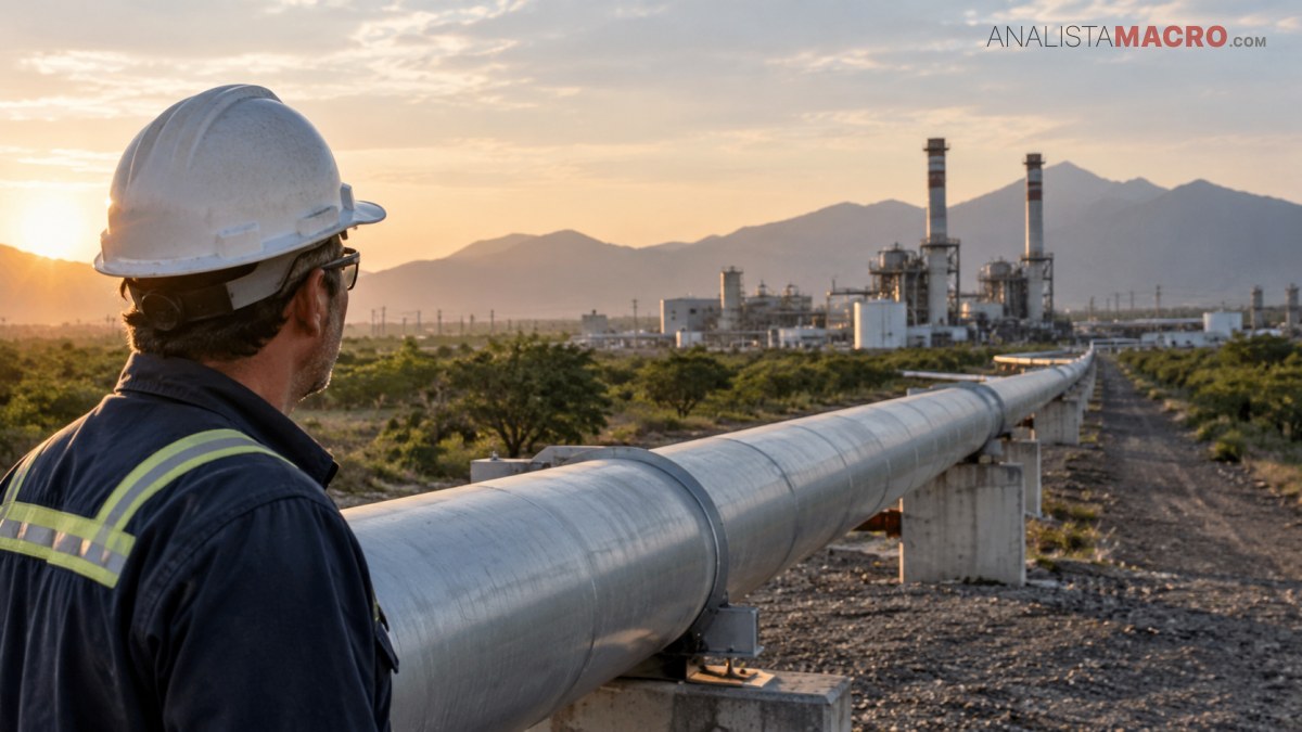 Trabajador con casco observa una gran tubería industrial elevada, con una planta y montañas al fondo bajo un cielo despejado.