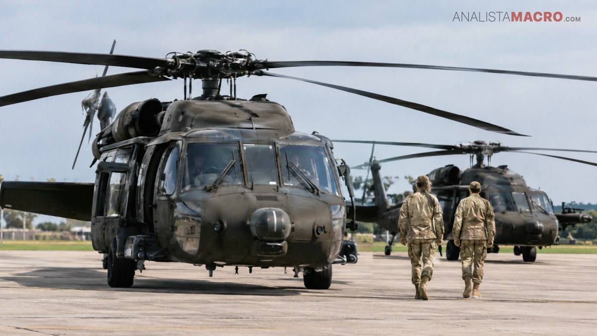 Dos helicópteros militares estacionados en una pista, con dos personas uniformadas caminando frente al aparato situado al fondo.