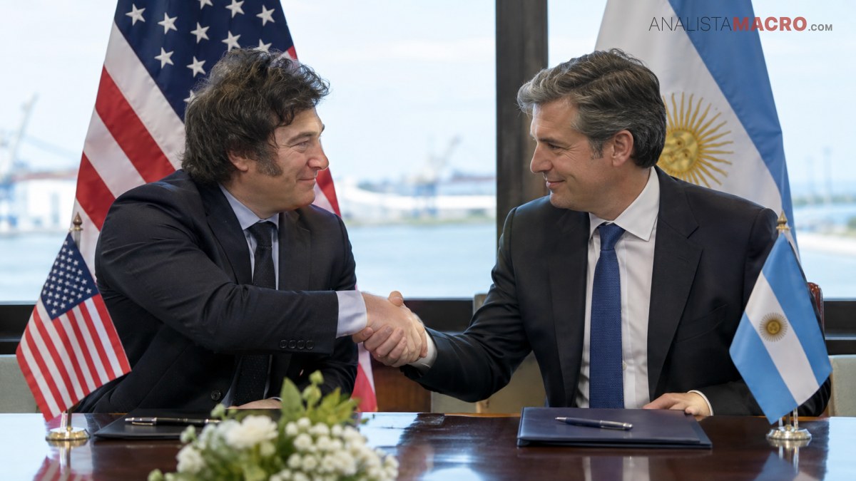 Dos hombres trajeados se estrechan la mano frente a banderas de Estados Unidos y Argentina, sentados ante una mesa con documentos y flores.