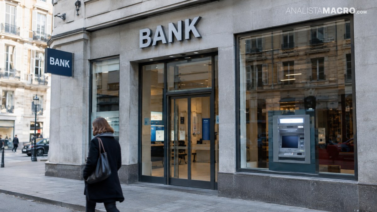 Un banco con letrero “BANK”, un cajero automático en la ventana y una persona caminando frente al edificio.