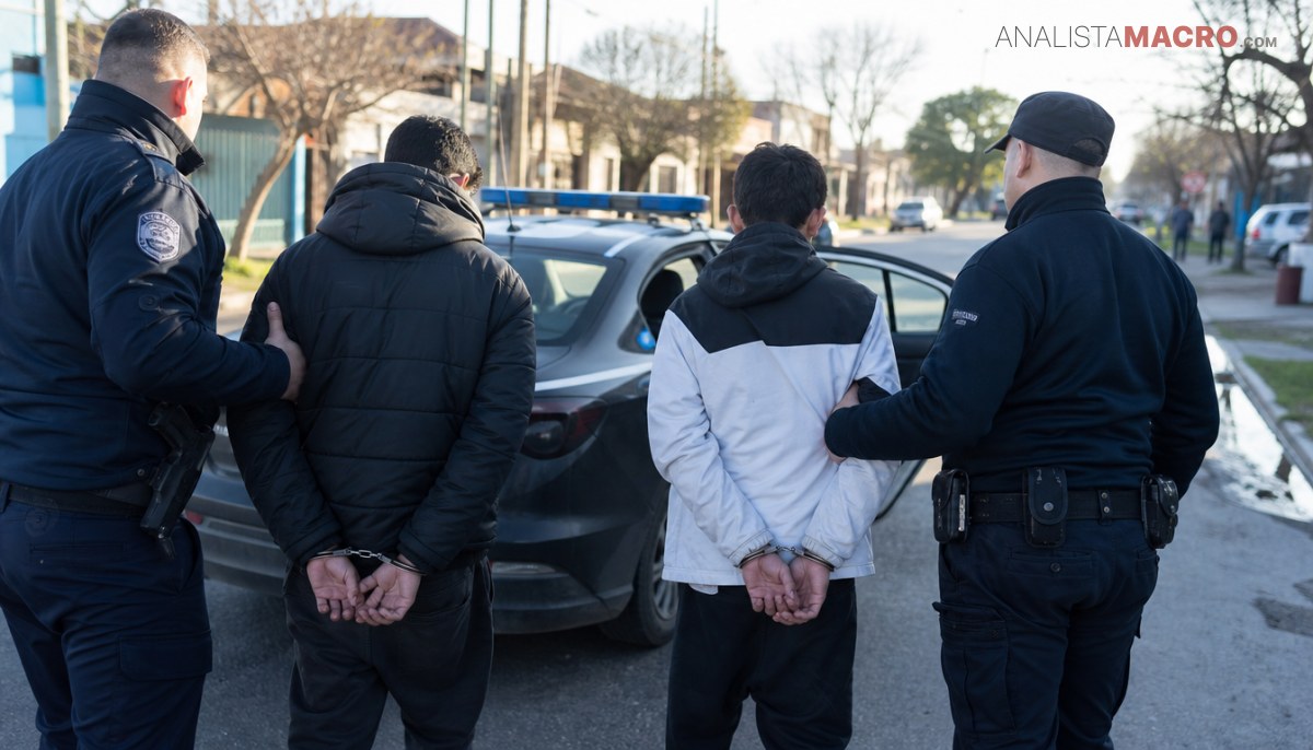 Dos agentes custodian a dos hombres esposados junto a un vehículo policial estacionado en una calle.