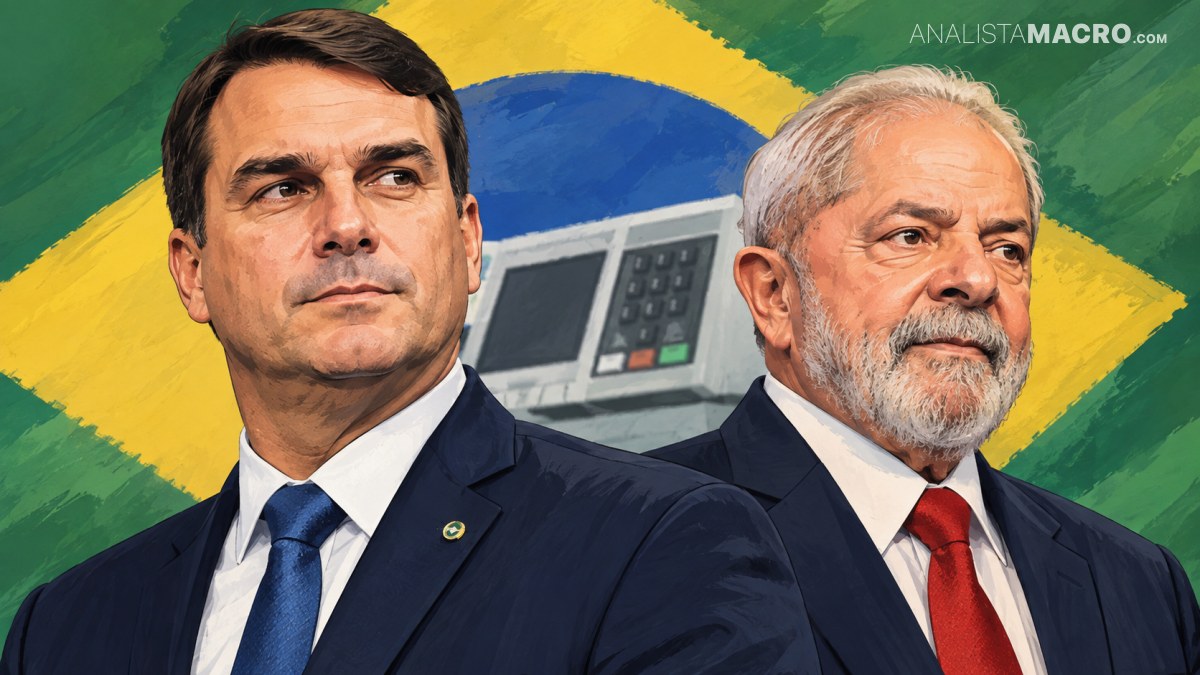 Dos hombres de traje y corbata aparecen frente a una pantalla, sobre un fondo con los colores de Brasil.