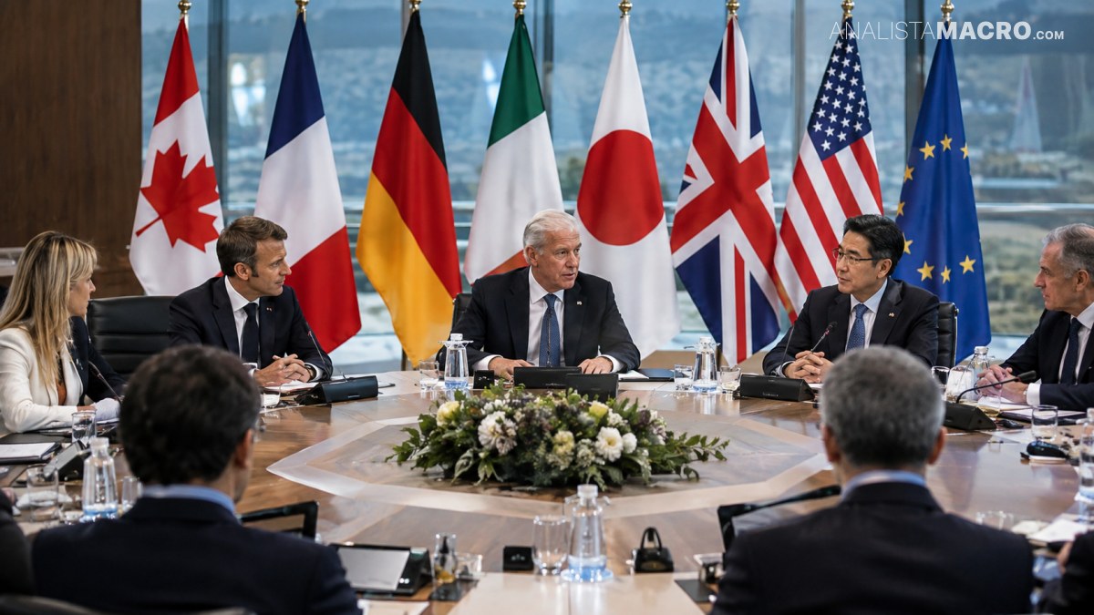 Varias personas están sentadas alrededor de una mesa de reunión, con banderas de distintos países al fondo.