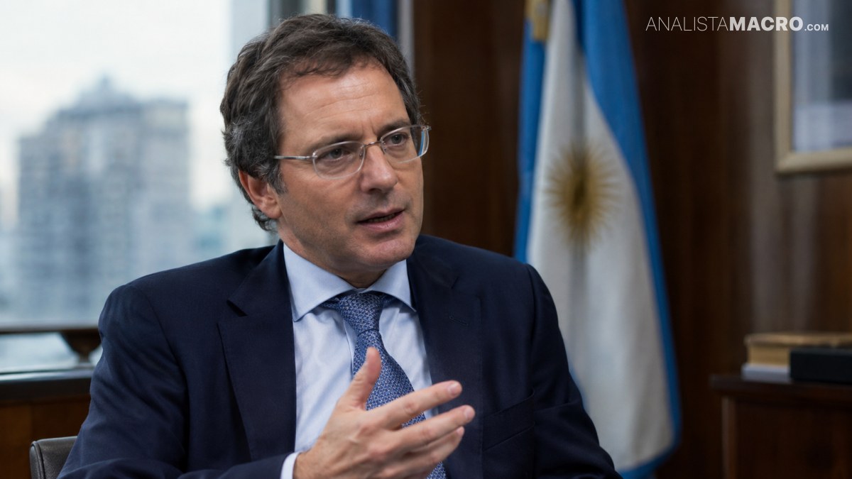 Hombre con gafas y traje oscuro gesticula mientras habla, sentado frente a una bandera argentina.