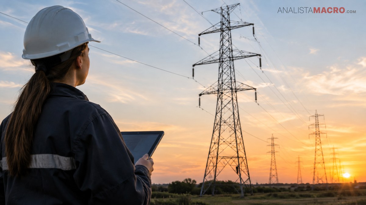 Una trabajadora con casco y chaleco sostiene una tableta frente a torres eléctricas durante un atardecer.