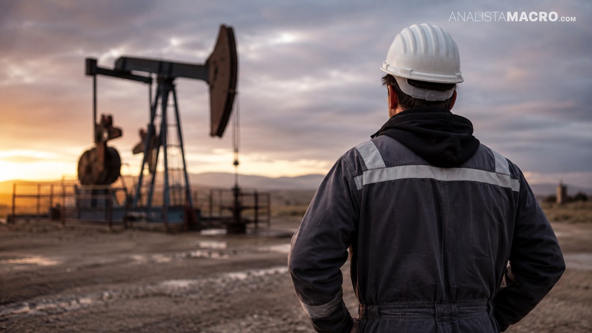 Trabajador con casco y ropa reflectante observa un balancín petrolero en un paisaje industrial al atardecer.