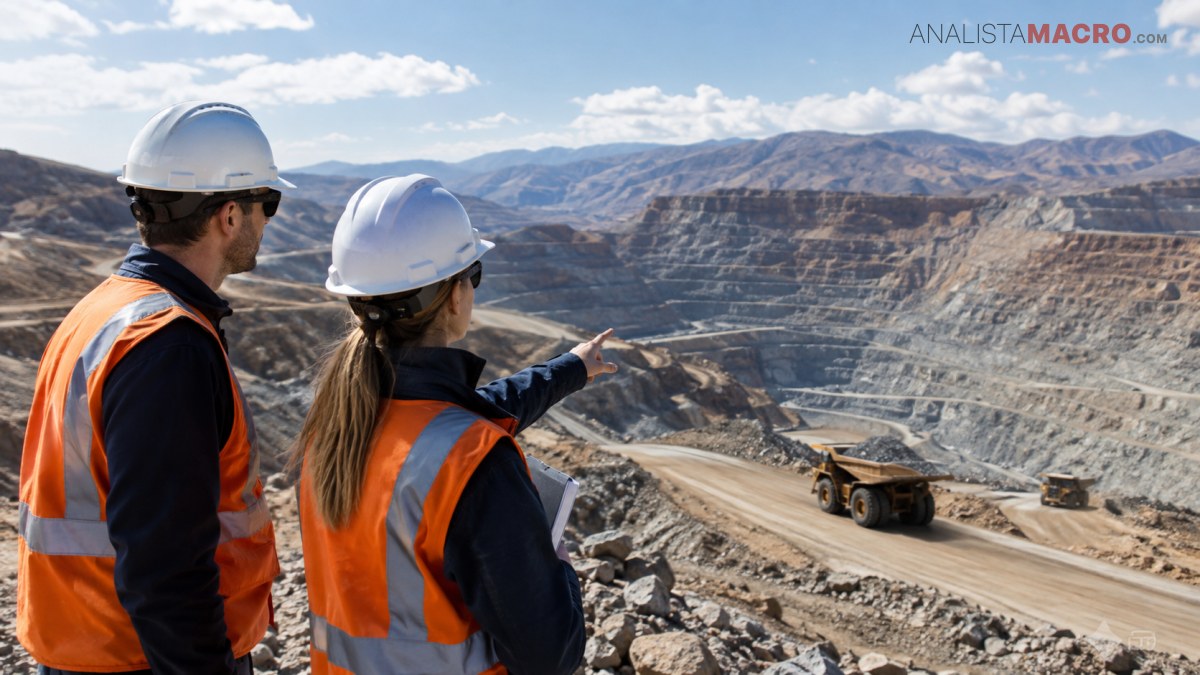 Dos trabajadores con cascos y chalecos reflectantes observan una gran mina a cielo abierto mientras una señala hacia la excavación.