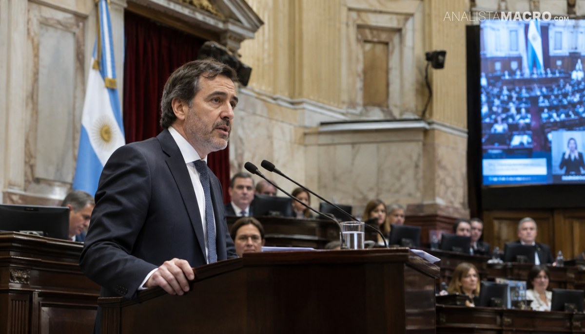 Hombre de traje oscuro habla ante un atril en un recinto legislativo, con banderas, funcionarios y una pantalla al fondo.