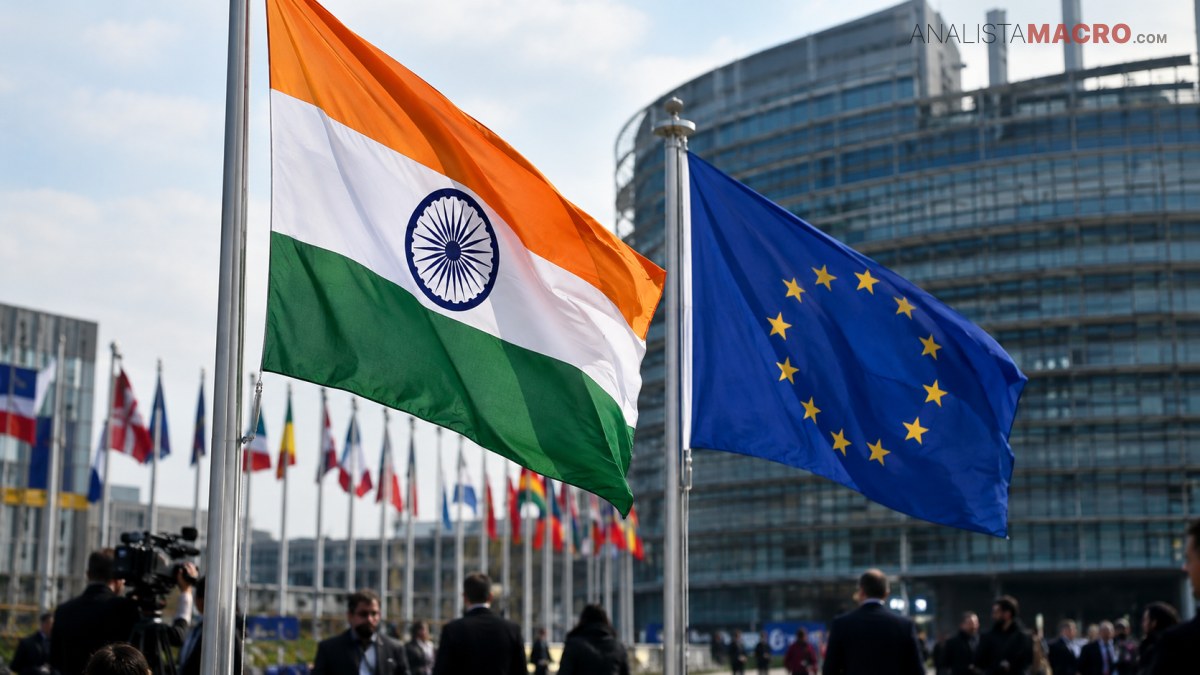 Banderas de India y la Unión Europea ondean frente a un edificio moderno, rodeadas de otras banderas y personas.