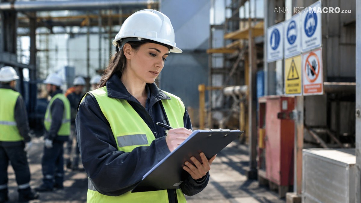 Trabajadora con casco blanco y chaleco reflectante sostiene una tableta en una obra en construcción.