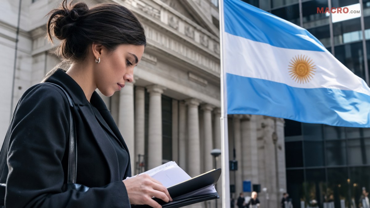 Mujer con traje negro lee documentos frente a un edificio, mientras ondea una bandera argentina a su lado.