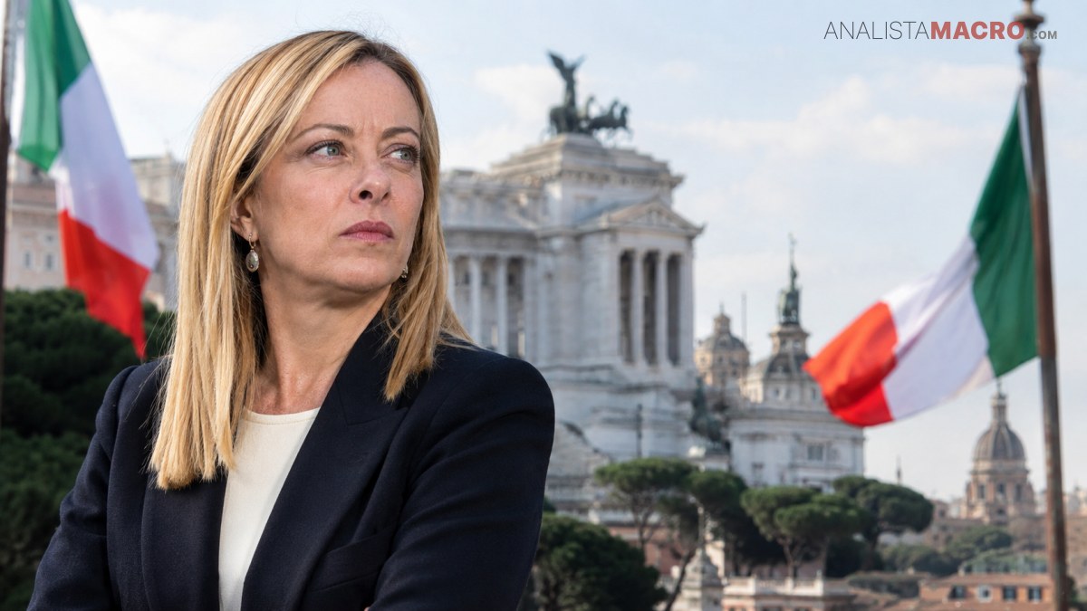 Mujer rubia con traje oscuro frente a un monumento monumental, flanqueada por dos banderas italianas.