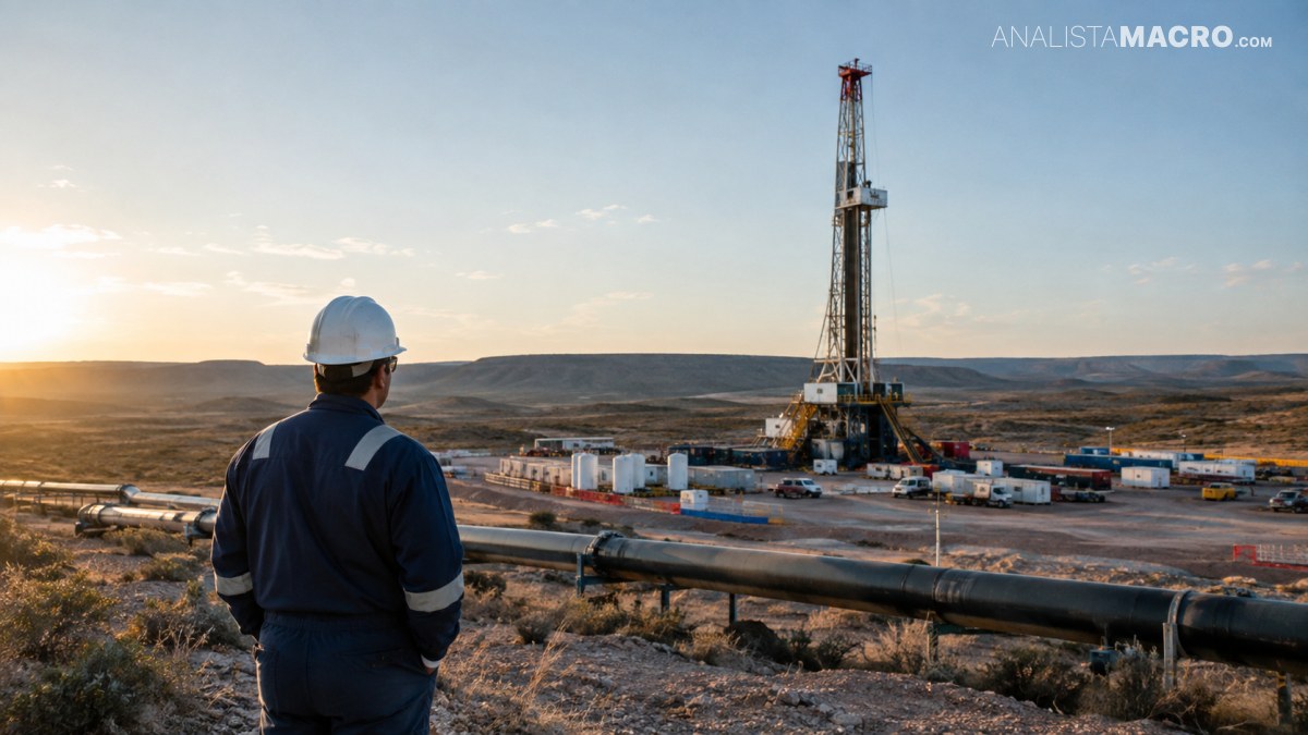 Trabajador con casco observa una plataforma de perforación, tuberías y vehículos industriales en un paisaje árido al atardecer.