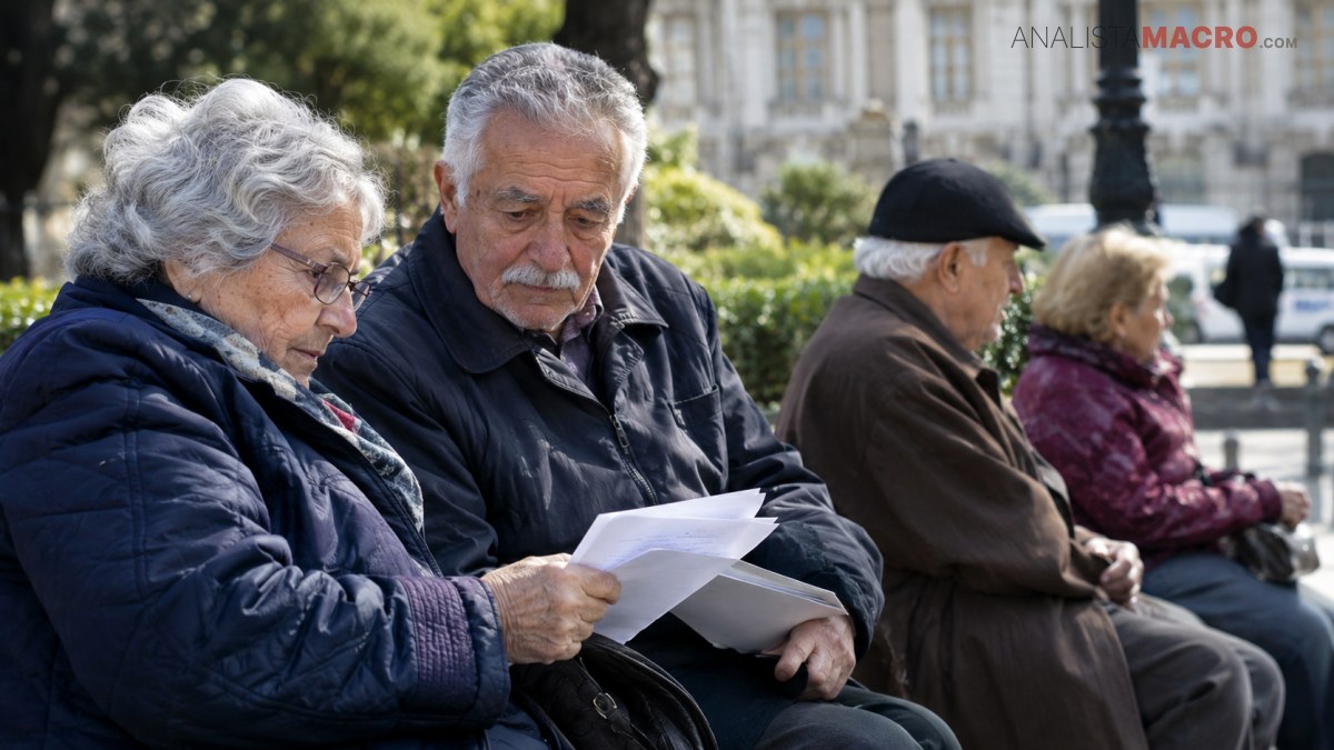 banco revisa unos documentos, mientras otras dos personas mayores conversan a su lado.