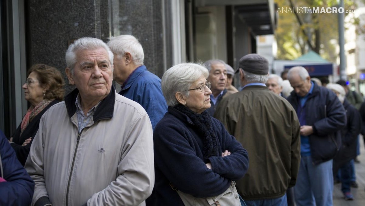 Varias personas mayores esperan en fila frente a un edificio, mientras conversan o permanecen de pie en la acera.