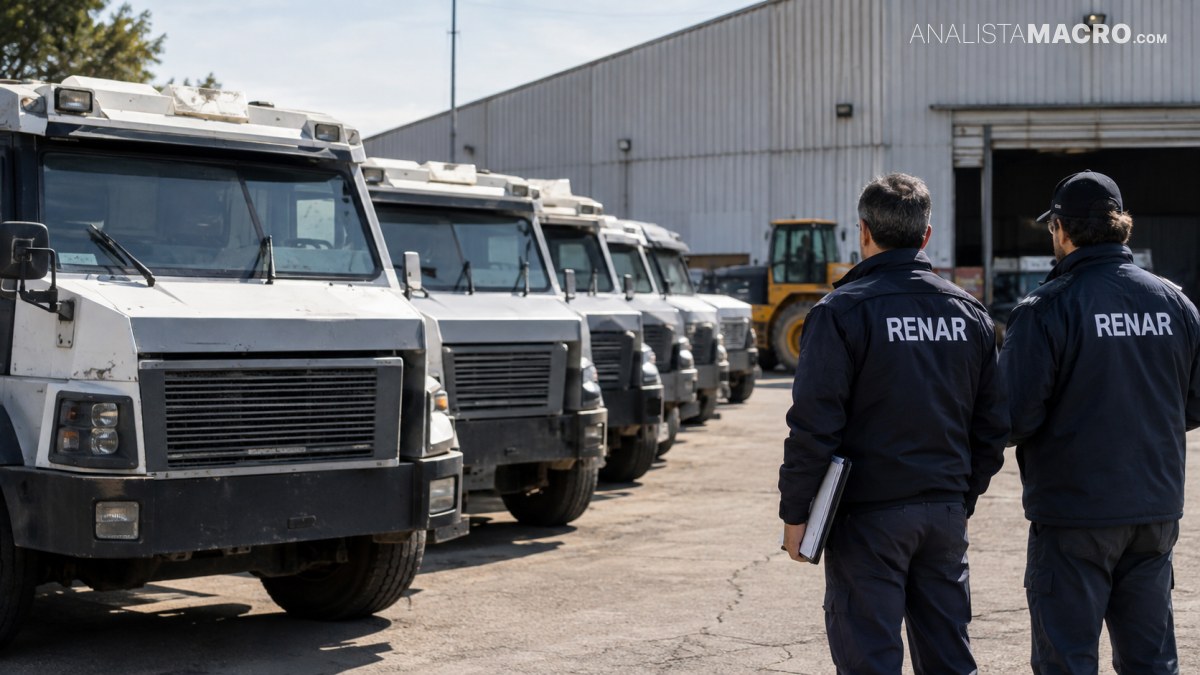 uniformes oscuros observan una fila de camiones blancos estacionados frente a un edificio industrial.
