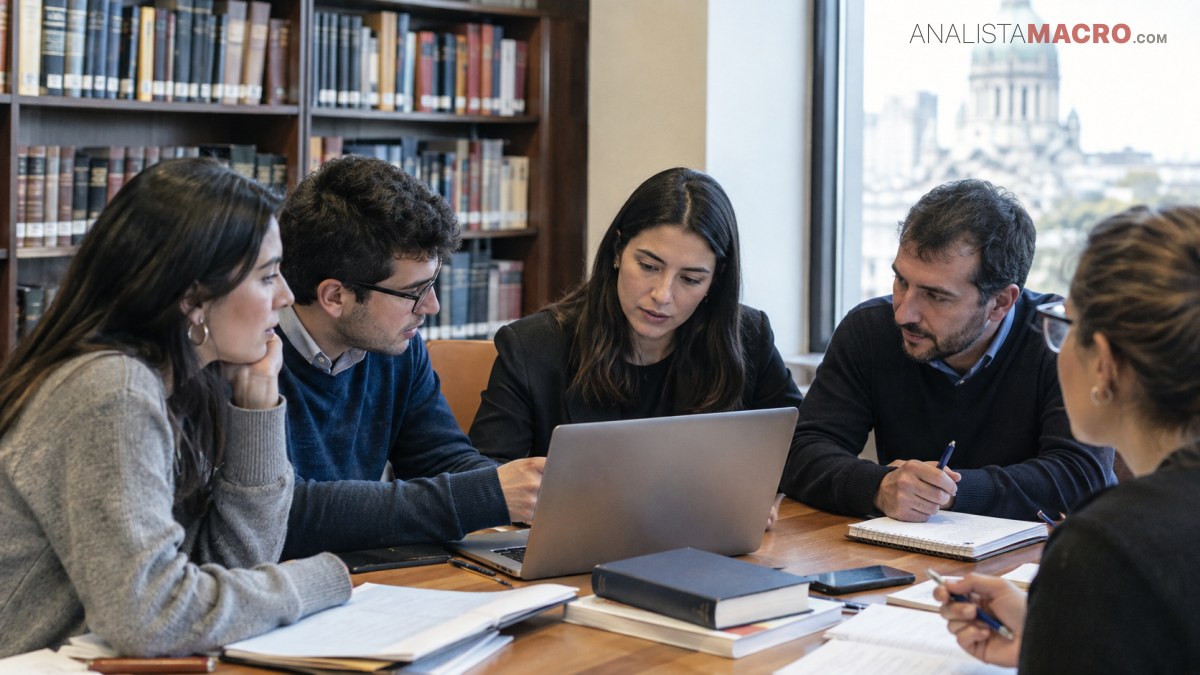 Cinco personas conversan alrededor de una mesa con un portátil, libros, cuadernos y documentos, junto a una biblioteca.
