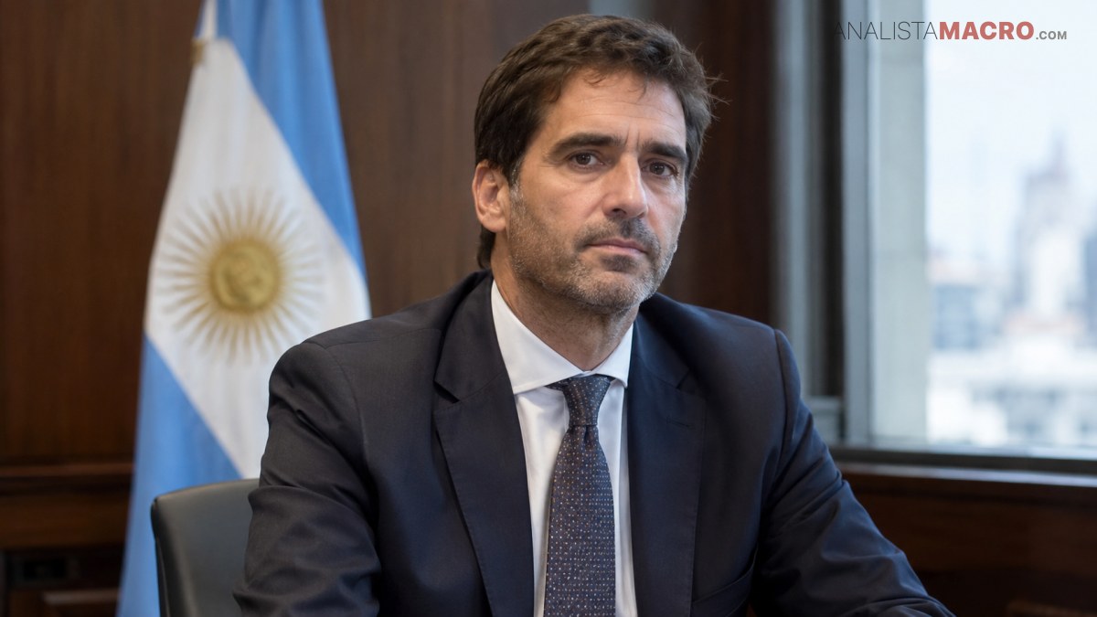 Hombre con traje oscuro y corbata sentado frente a una bandera argentina, junto a una ventana.
