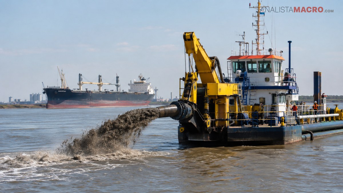 Un remolcador amarillo y blanco descarga material por una tubería sobre el agua, mientras al fondo hay barcos.