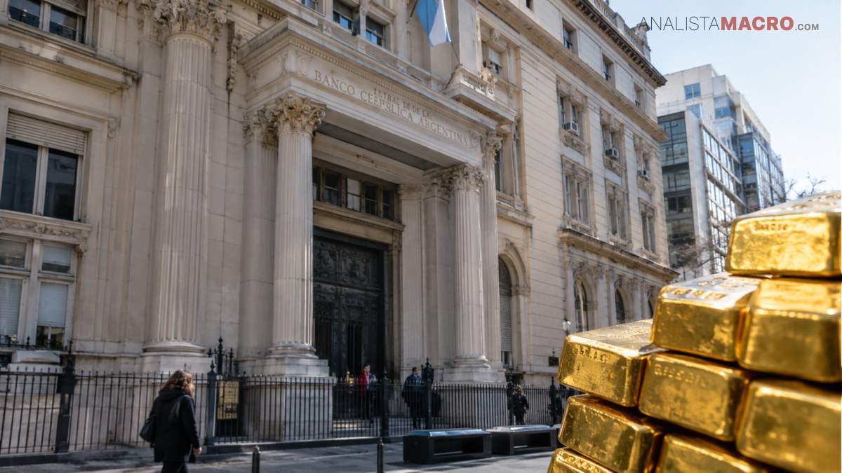 Una fachada bancaria con columnas y rejas, varias personas en la acera y una pila de lingotes de oro en primer plano.