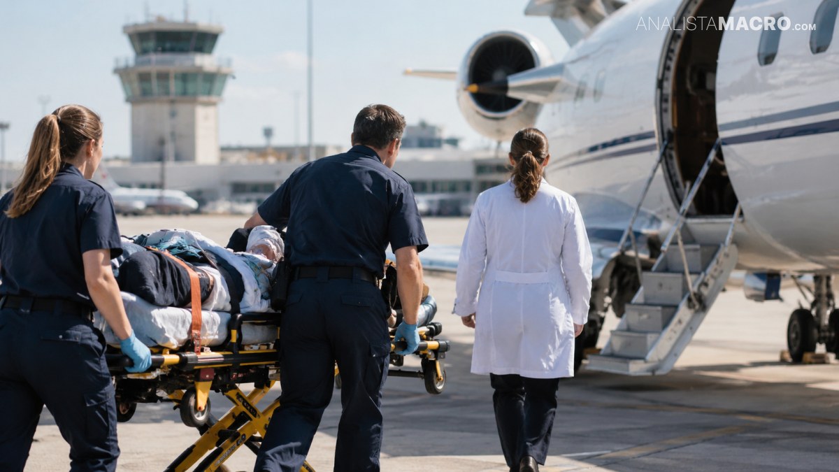 Personal sanitario transporta a una persona en camilla hacia un avión estacionado, mientras se observa una torre de control al fondo.