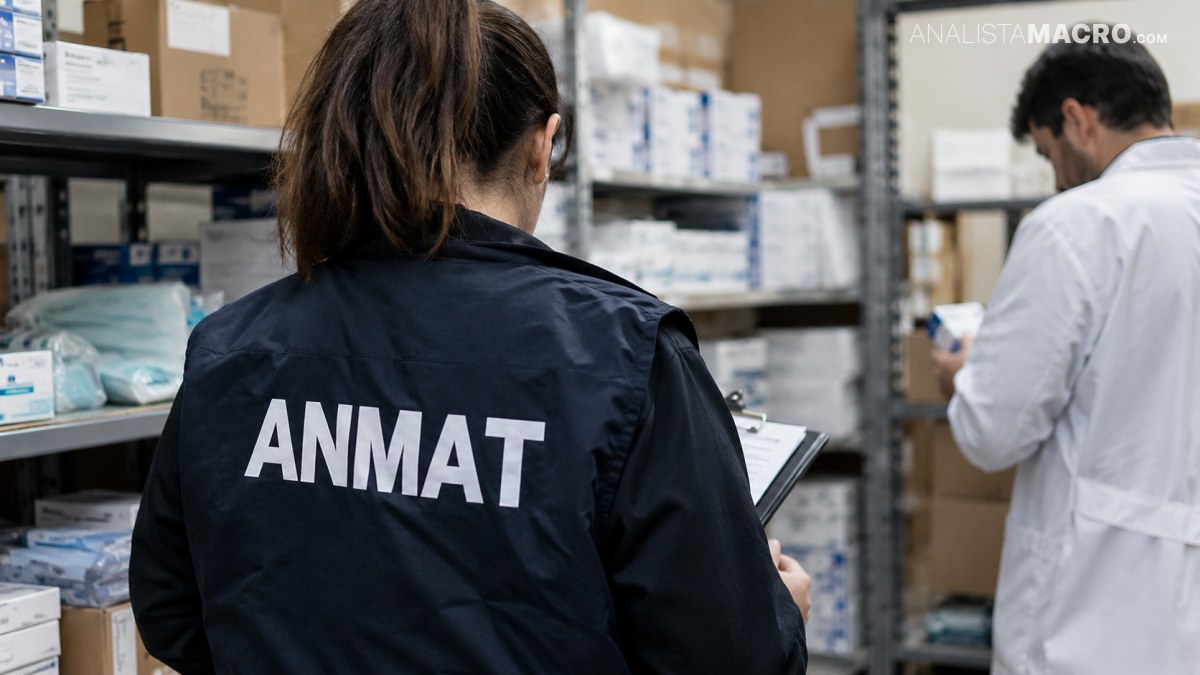 Persona con chaleco negro que dice “ANMAT” observa una estantería, mientras otra persona con bata blanca revisa productos.