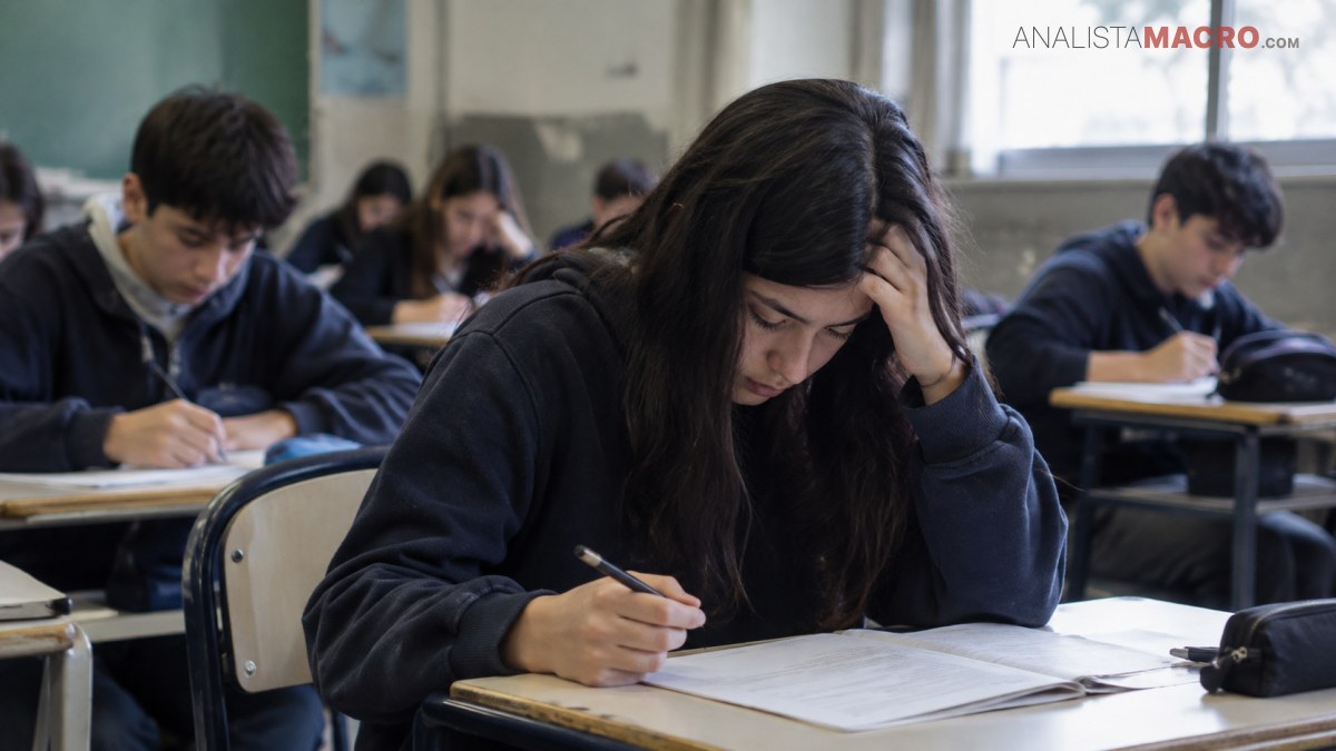 Estudiantes escriben concentrados en sus pupitres dentro de un aula, mientras una joven sostiene la cabeza con una mano.