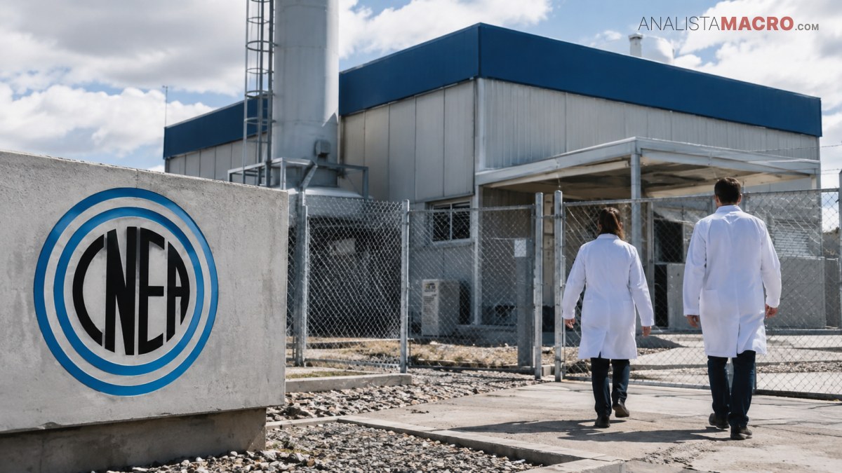 Dos personas con batas blancas caminan hacia una instalación industrial con el logotipo CNEA visible en primer plano.