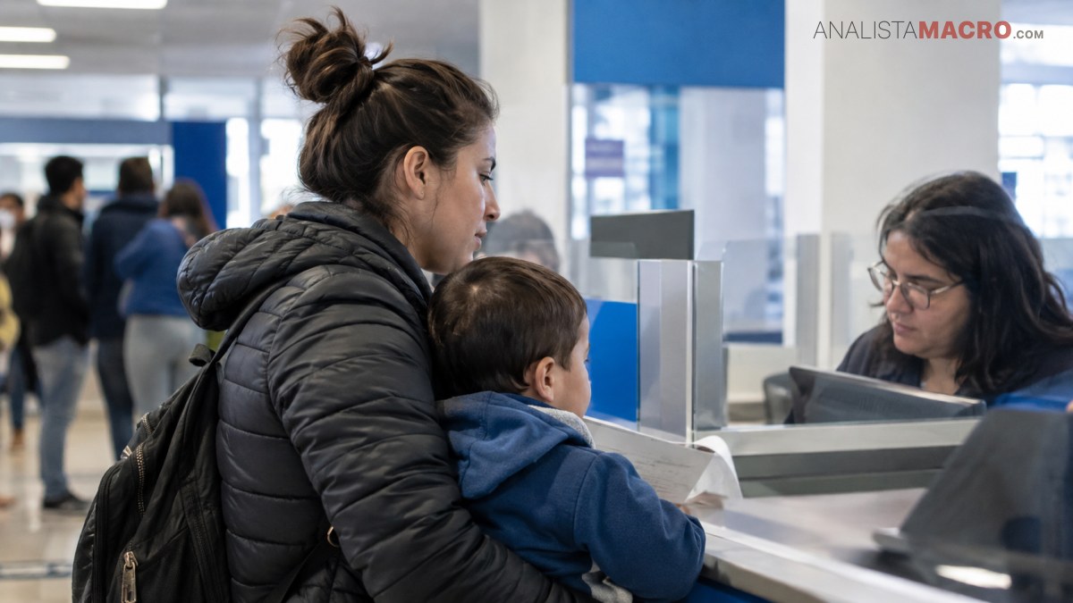 Mujer con cabello recogido acompaña a un niño en una oficina mientras una empleada los atiende detrás de un mostrador.