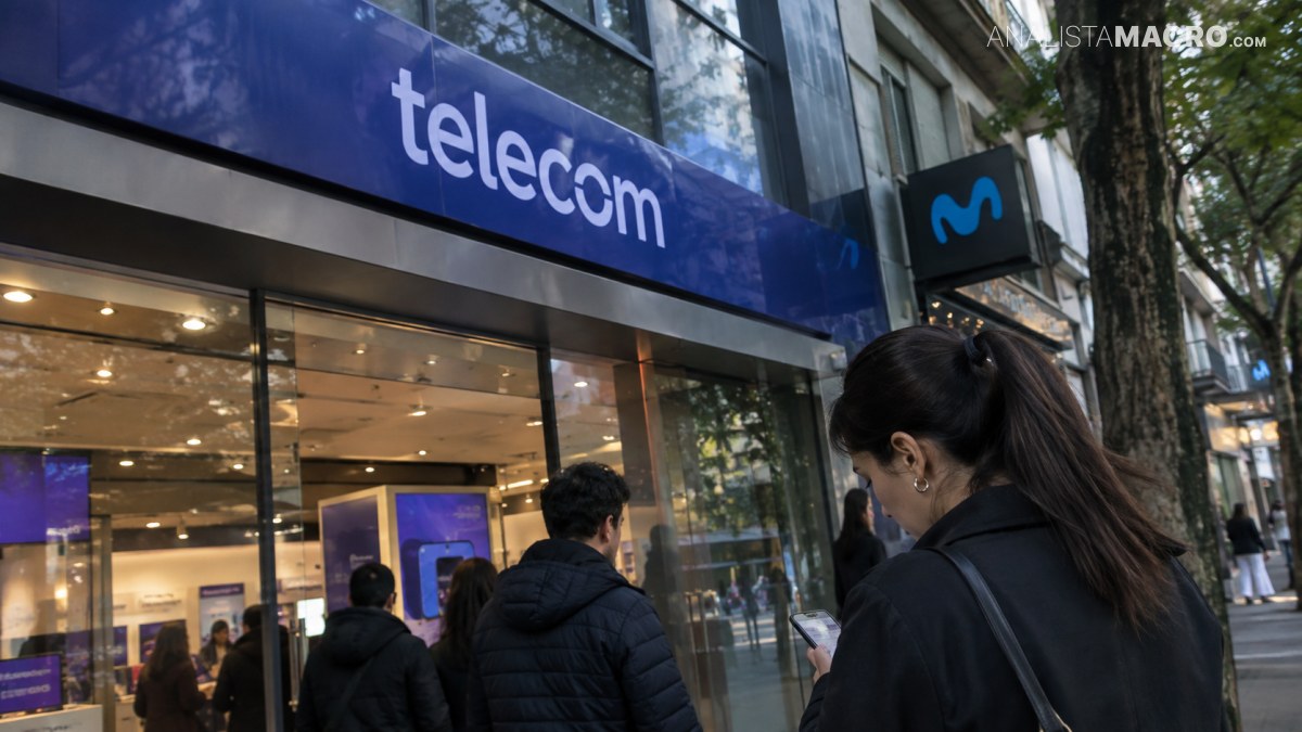 Personas entran a una tienda de telecomunicaciones mientras una mujer consulta su teléfono en la entrada.