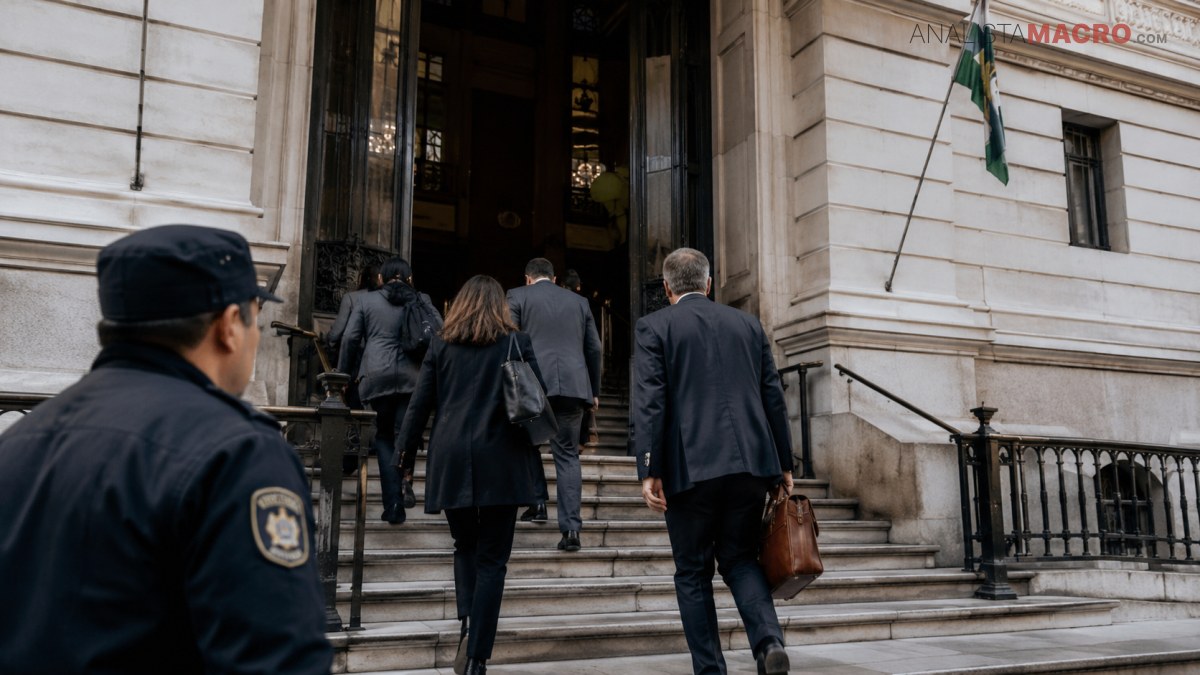 Varias personas suben las escaleras hacia la entrada de un edificio, mientras un agente uniformado observa en primer plano.