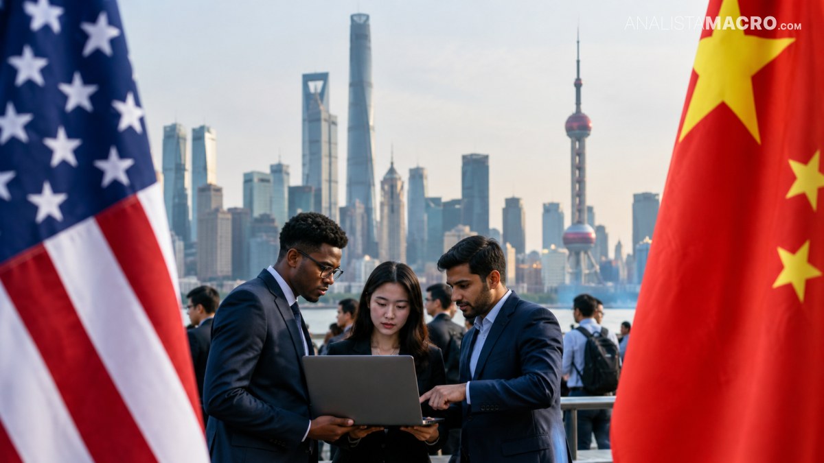 Tres personas observan un portátil frente a un paisaje urbano, flanqueadas por las banderas de Estados Unidos y China.