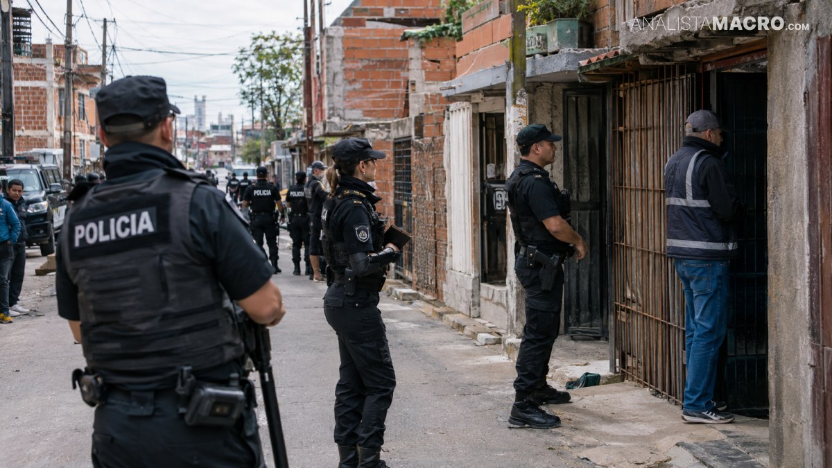 Varios agentes con uniforme de policía caminan en una calle junto a edificios con rejas y muros de ladrillo.