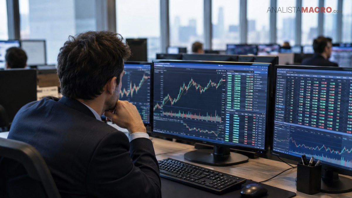 Persona con traje observa gráficos y cotizaciones bursátiles en varios monitores dentro de una oficina.