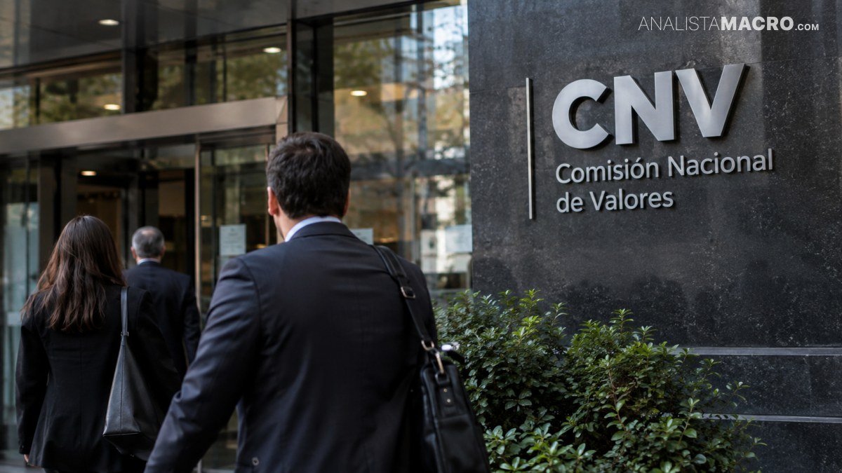 Personas vestidas formalmente caminan hacia un edificio con el letrero CNV, Comisión Nacional de Valores, en la fachada.