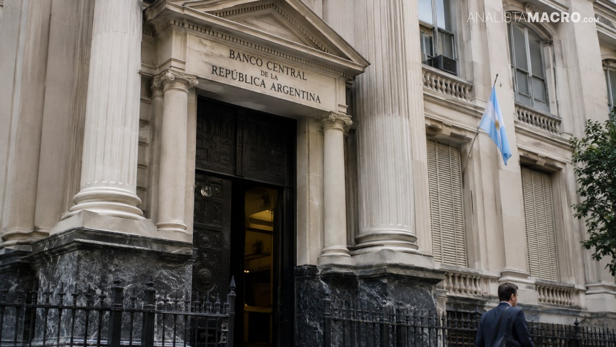 Entrada monumental del Banco Central de la República Argentina, con columnas, rejas, ventanas y una bandera argentina.